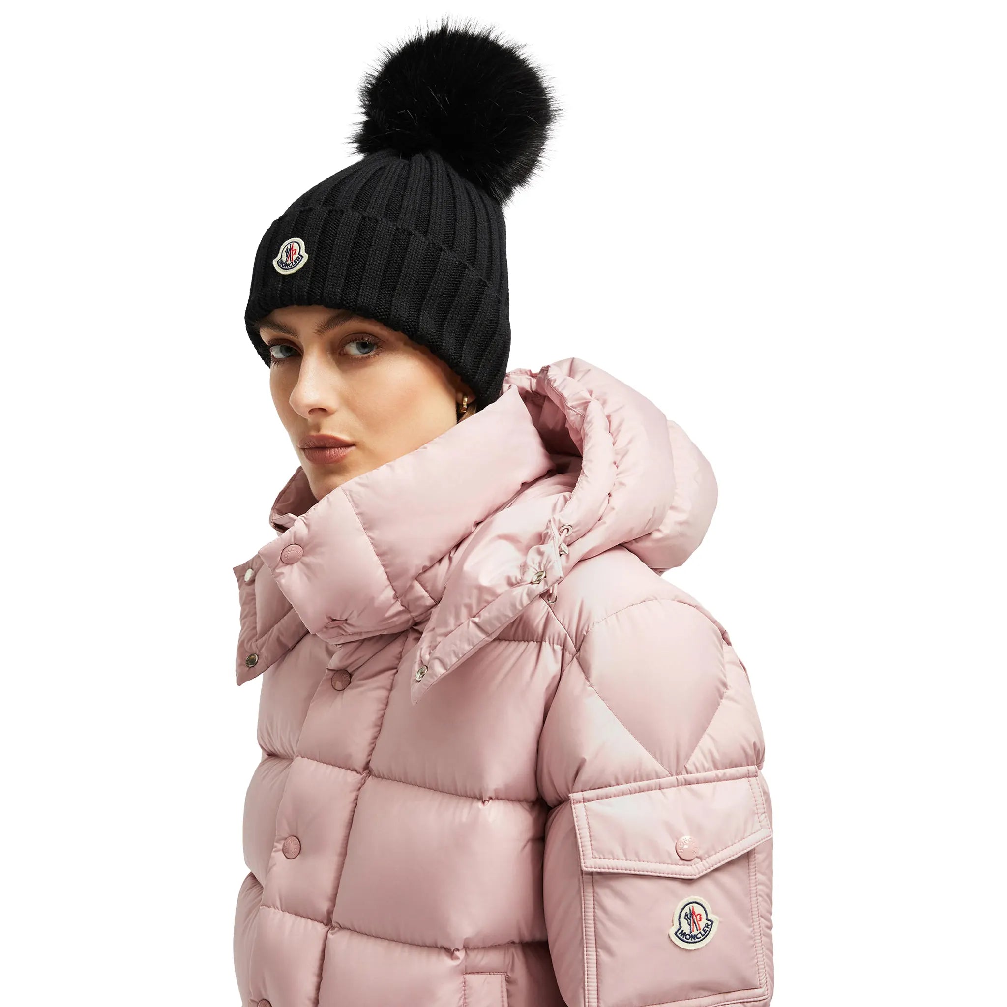 Model View of Moncler Wool Pom Pom Black Beanie K20933B00064M1131